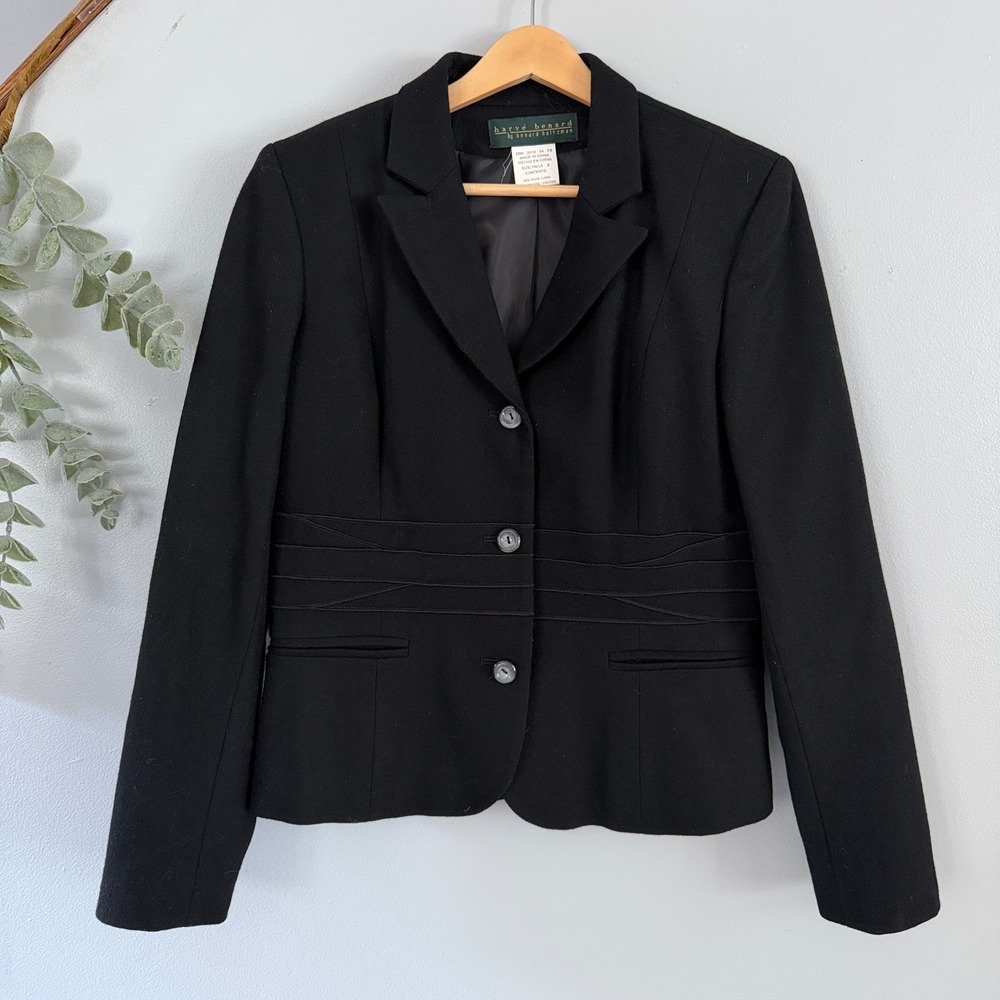 Harve Benard Blazer Officecore Glam Black Wool Blend Button Up Structured Career